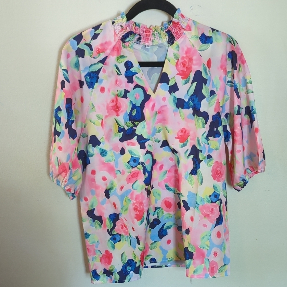 Floral Puff Sleeve Blouse V-Neck Short Sleeve Unbranded Women's Size M